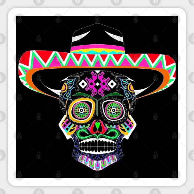 sugar skull in mariachi style ecopop pattern mandala Magnet by jorge_lebeau